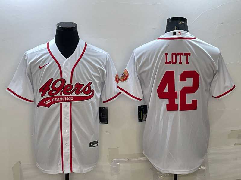 Mens San Francisco 49ers #42 Ronnie Lott White With Patch Cool Base Stitched Baseball Jersey